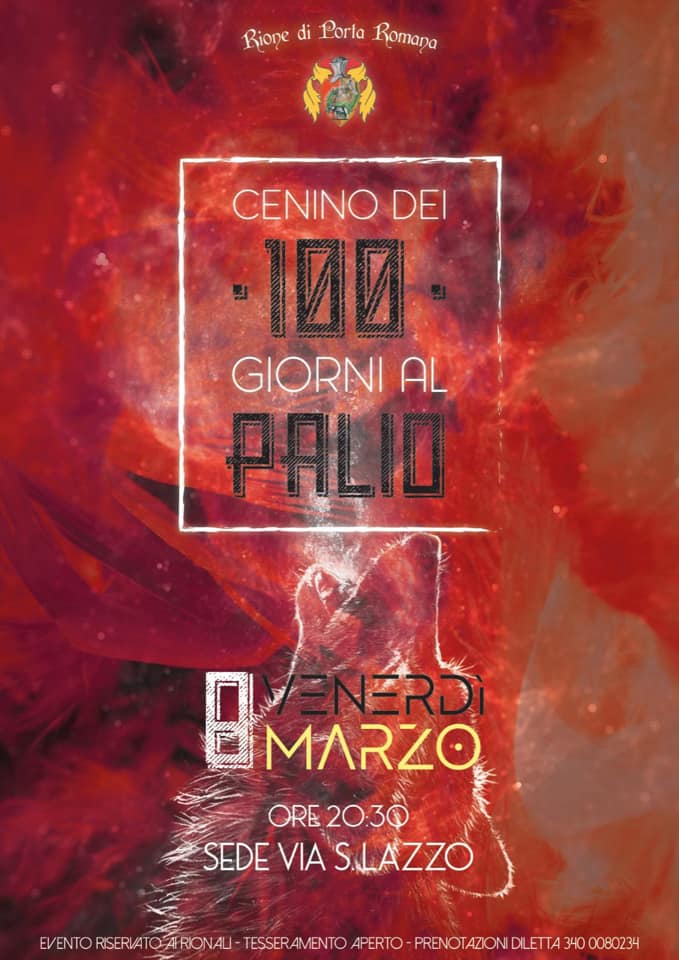 Venerdì 8 marzo la cena dei 100 giorni al Palio del Rione Porta Romana